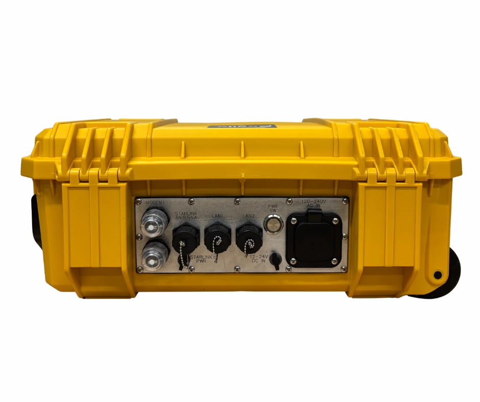 rear panel with 2 5G modems, 2 IP67 SIM slots, external Starlink connectivity, 2 PoE LAN ports, AC/DC power input