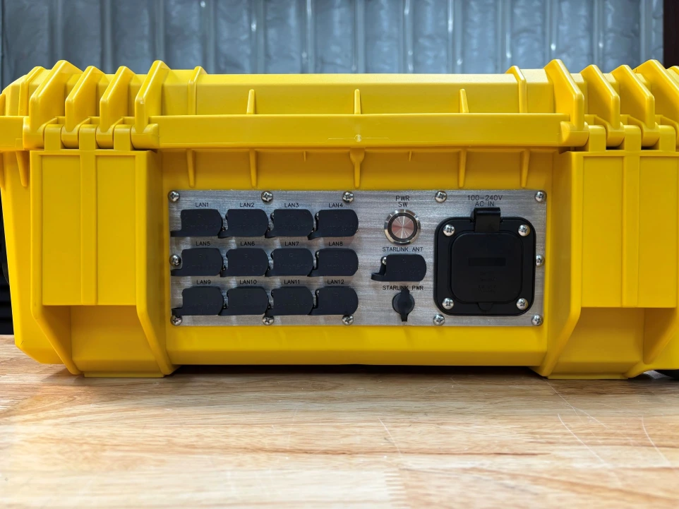 rear panel with 5G modem, external Starlink connectivity, 4 LAN ports, 8 PoE LAN ports, AC power input